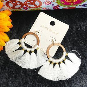 Boho Earrings Fan Tassel Hoop Drop Dangles Ivory